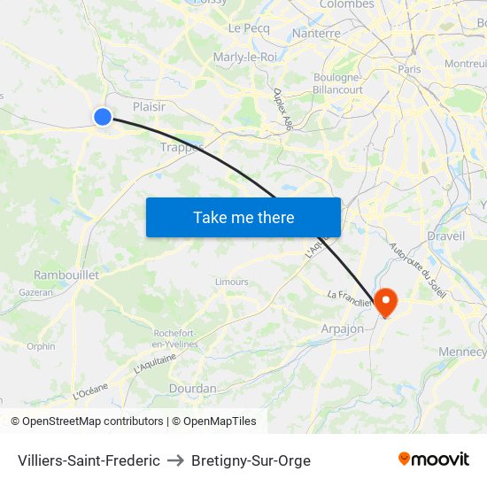 Villiers-Saint-Frederic to Bretigny-Sur-Orge map