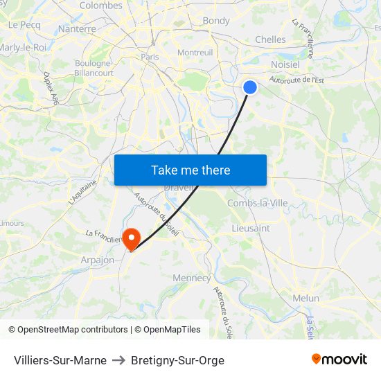 Villiers-Sur-Marne to Bretigny-Sur-Orge map