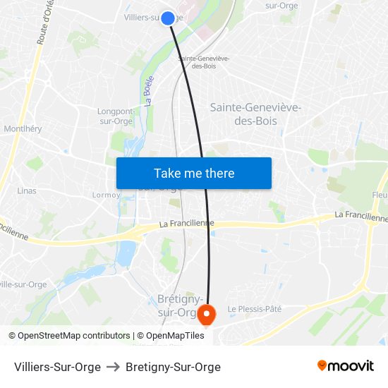 Villiers-Sur-Orge to Bretigny-Sur-Orge map