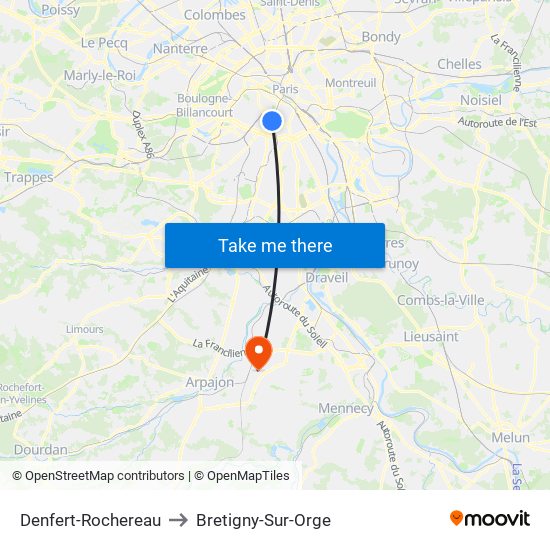 Denfert-Rochereau to Bretigny-Sur-Orge map