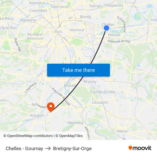 Chelles - Gournay to Bretigny-Sur-Orge map