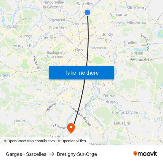 Garges - Sarcelles to Bretigny-Sur-Orge map