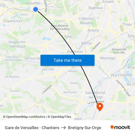 Gare de Versailles - Chantiers to Bretigny-Sur-Orge map