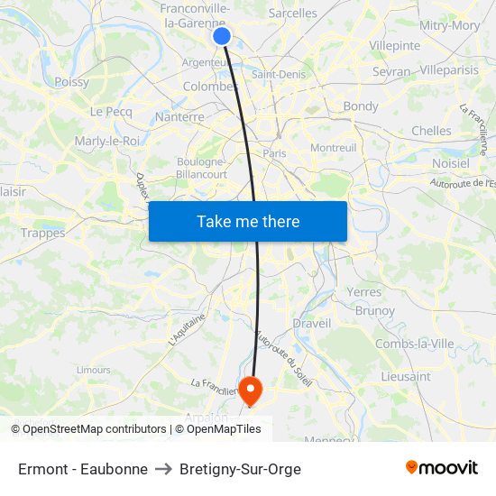 Ermont - Eaubonne to Bretigny-Sur-Orge map