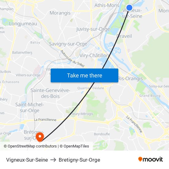 Vigneux-Sur-Seine to Bretigny-Sur-Orge map