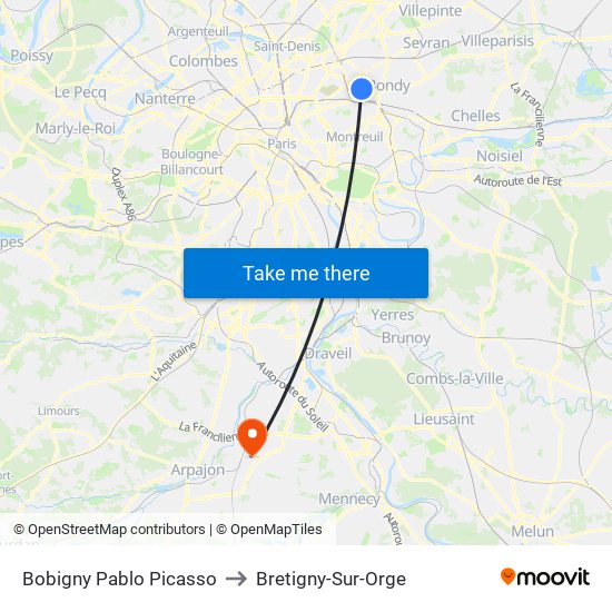 Bobigny Pablo Picasso to Bretigny-Sur-Orge map