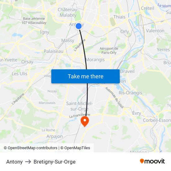 Antony to Bretigny-Sur-Orge map