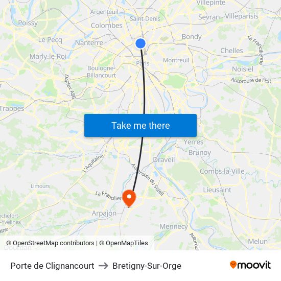 Porte de Clignancourt to Bretigny-Sur-Orge map