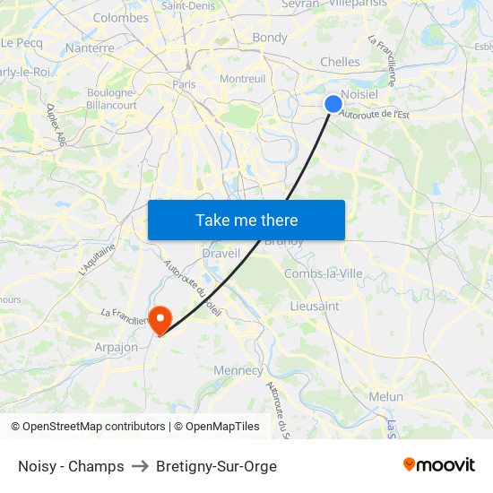 Noisy - Champs to Bretigny-Sur-Orge map