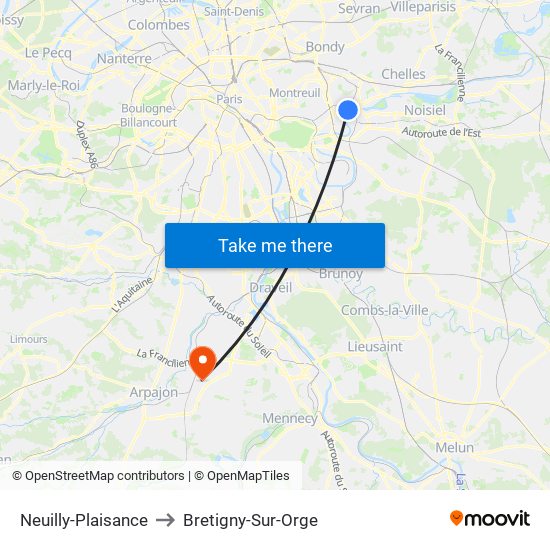 Neuilly-Plaisance to Bretigny-Sur-Orge map
