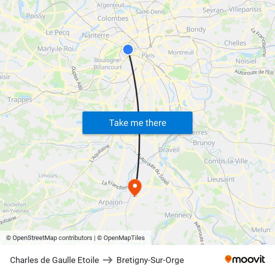 Charles de Gaulle Etoile to Bretigny-Sur-Orge map