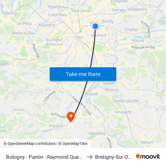 Bobigny - Pantin - Raymond Queneau to Bretigny-Sur-Orge map