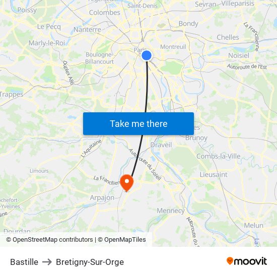 Bastille to Bretigny-Sur-Orge map