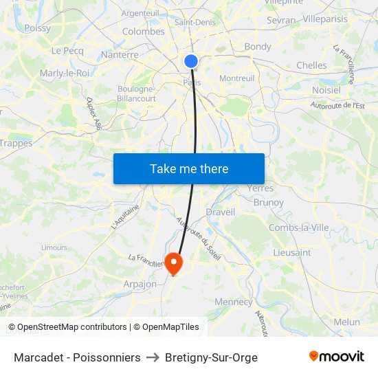 Marcadet - Poissonniers to Bretigny-Sur-Orge map
