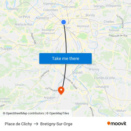 Place de Clichy to Bretigny-Sur-Orge map