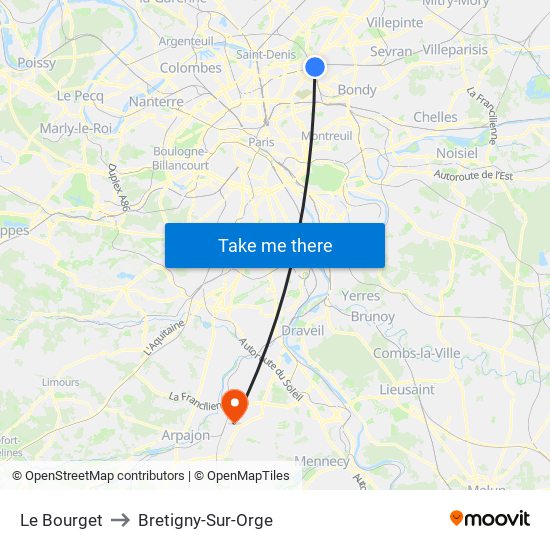 Le Bourget to Bretigny-Sur-Orge map