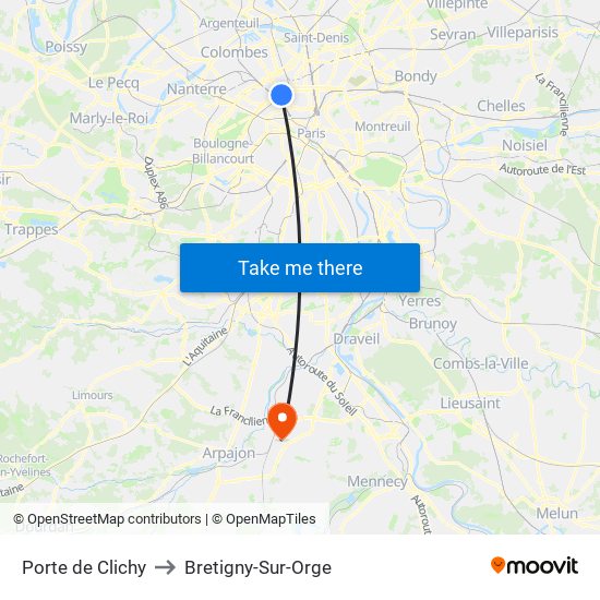 Porte de Clichy to Bretigny-Sur-Orge map