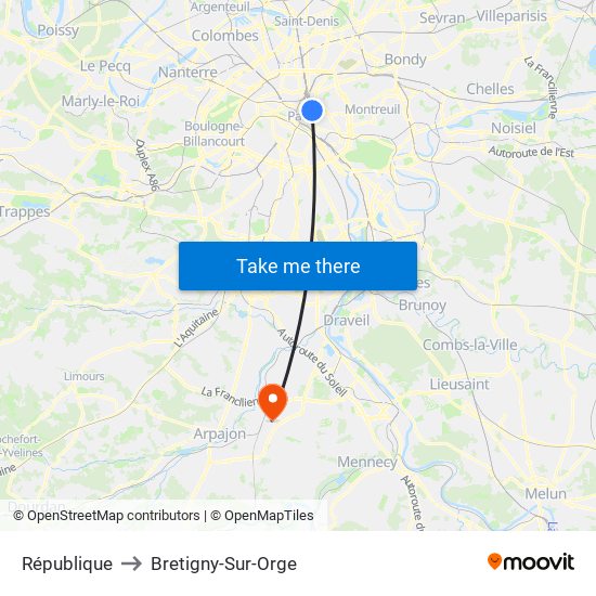 République to Bretigny-Sur-Orge map