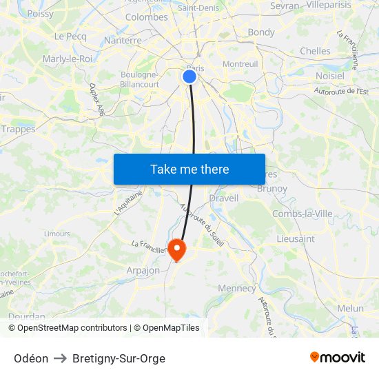 Odéon to Bretigny-Sur-Orge map