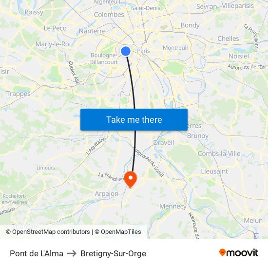 Pont de L'Alma to Bretigny-Sur-Orge map