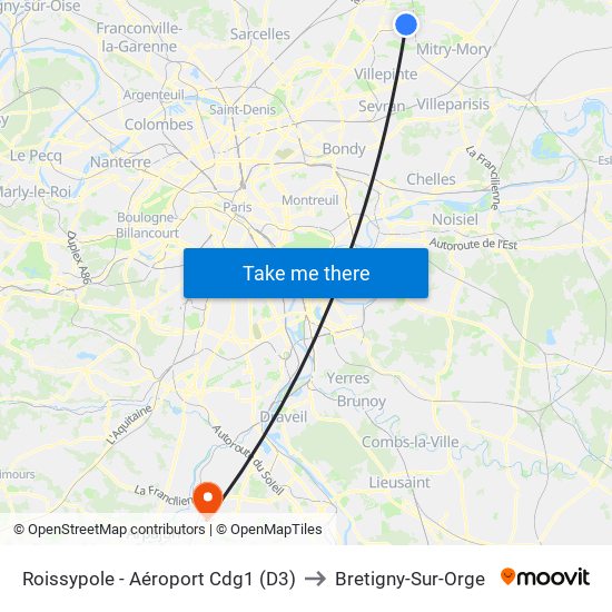Roissypole - Aéroport Cdg1 (D3) to Bretigny-Sur-Orge map