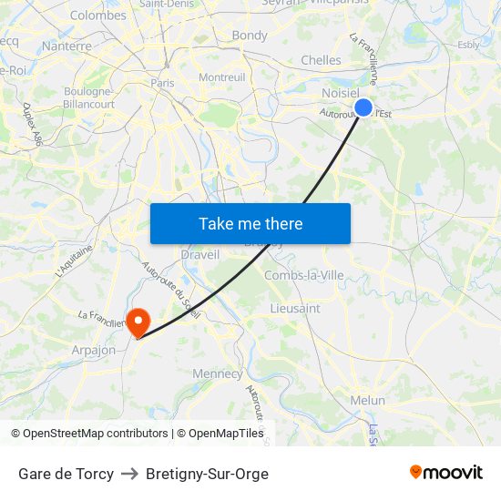 Gare de Torcy to Bretigny-Sur-Orge map