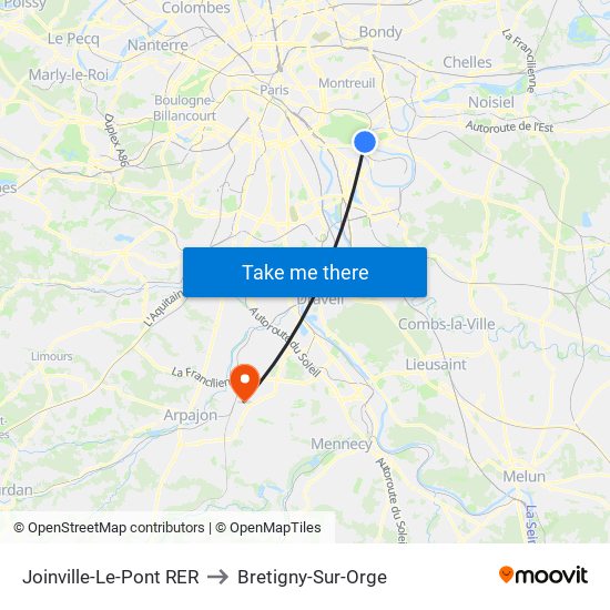 Joinville-Le-Pont RER to Bretigny-Sur-Orge map