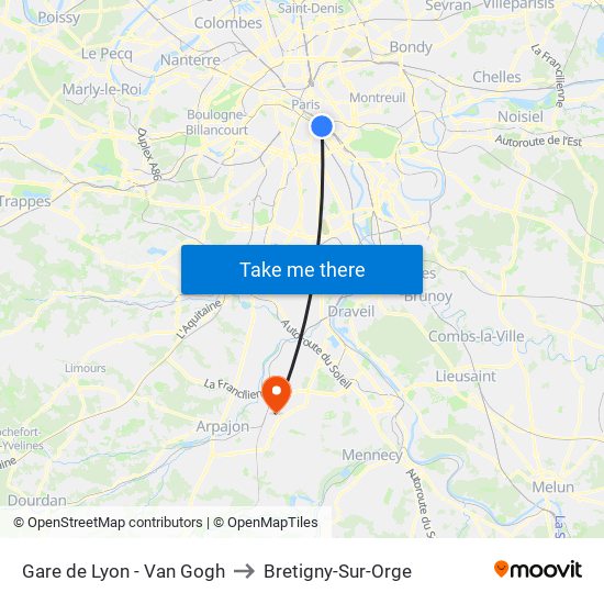 Gare de Lyon - Van Gogh to Bretigny-Sur-Orge map