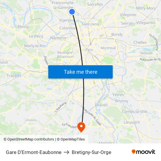Gare D'Ermont-Eaubonne to Bretigny-Sur-Orge map