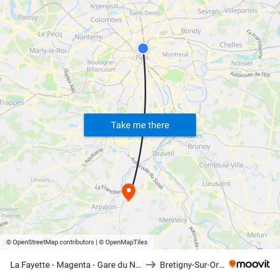 La Fayette - Magenta - Gare du Nord to Bretigny-Sur-Orge map