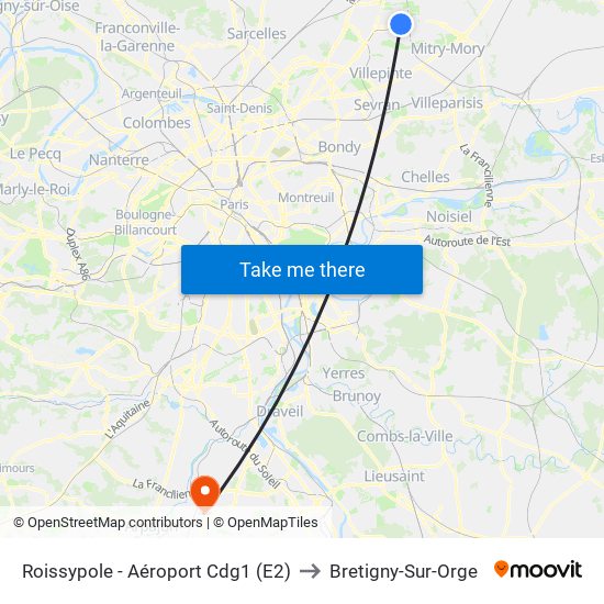 Roissypole - Aéroport Cdg1 (E2) to Bretigny-Sur-Orge map