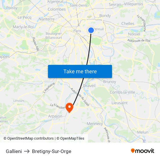 Gallieni to Bretigny-Sur-Orge map