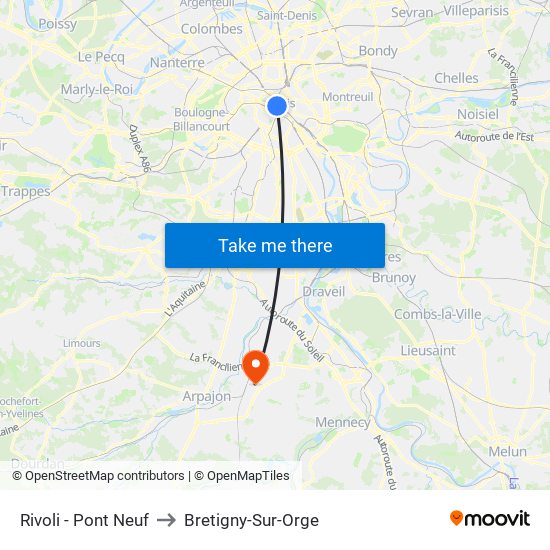 Rivoli - Pont Neuf to Bretigny-Sur-Orge map
