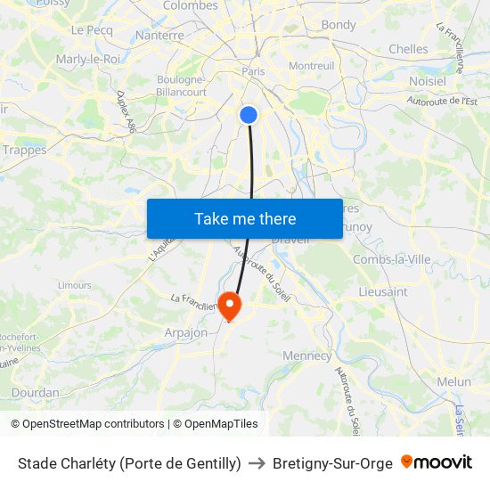 Stade Charléty (Porte de Gentilly) to Bretigny-Sur-Orge map