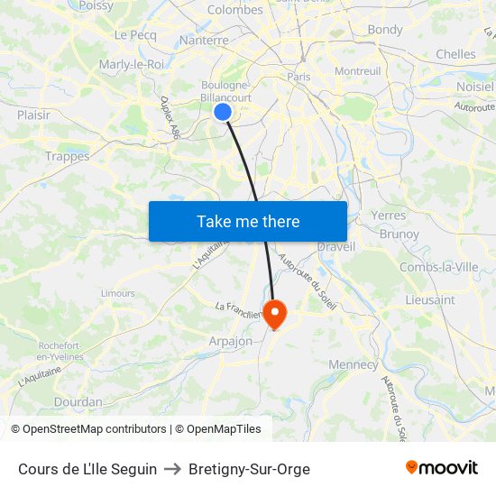 Cours de L'Ile Seguin to Bretigny-Sur-Orge map