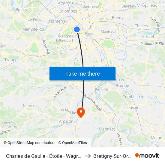 Charles de Gaulle - Étoile - Wagram to Bretigny-Sur-Orge map