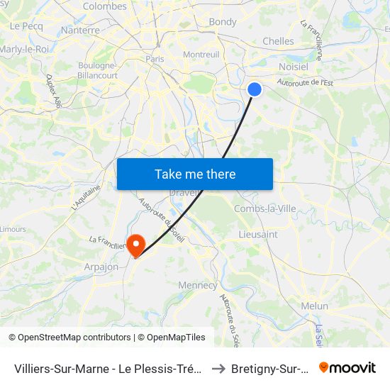Villiers-Sur-Marne - Le Plessis-Trévise RER to Bretigny-Sur-Orge map