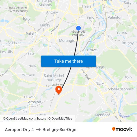 Aéroport Orly 4 to Bretigny-Sur-Orge map