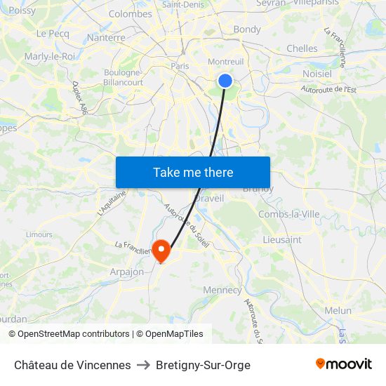 Château de Vincennes to Bretigny-Sur-Orge map