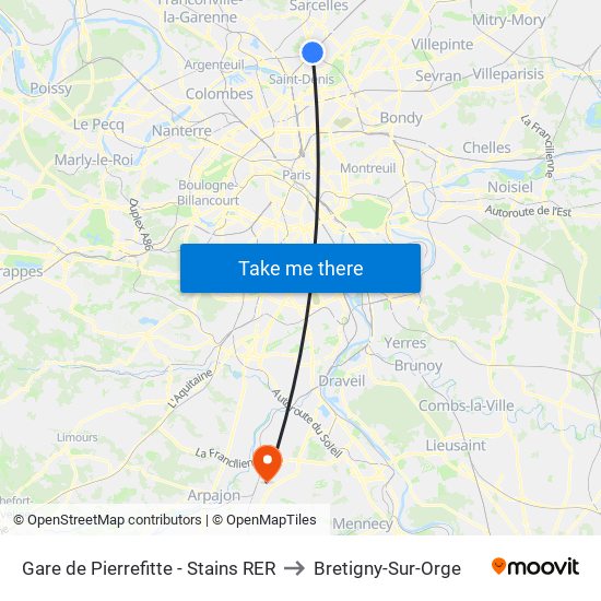 Gare de Pierrefitte - Stains RER to Bretigny-Sur-Orge map