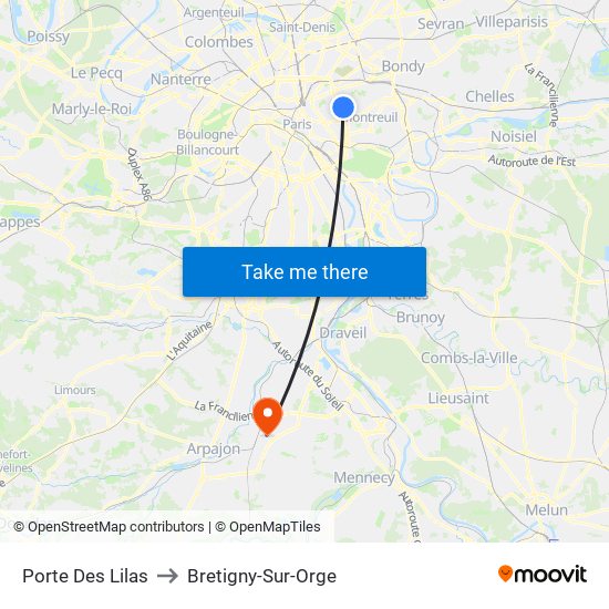 Porte Des Lilas to Bretigny-Sur-Orge map