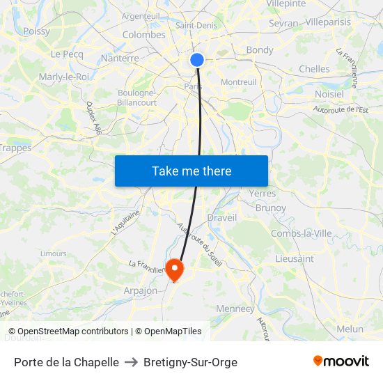 Porte de la Chapelle to Bretigny-Sur-Orge map