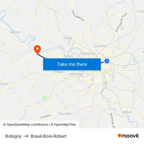 Bobigny to Breuil-Bois-Robert map