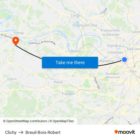 Clichy to Breuil-Bois-Robert map