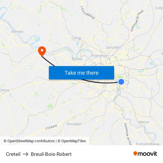 Creteil to Breuil-Bois-Robert map