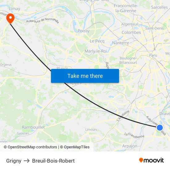 Grigny to Breuil-Bois-Robert map