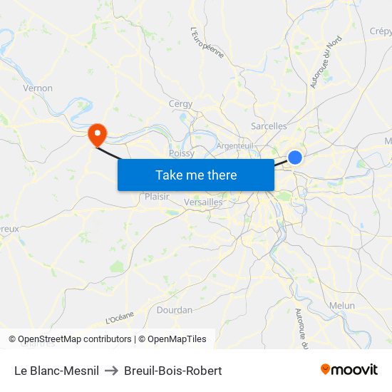 Le Blanc-Mesnil to Breuil-Bois-Robert map