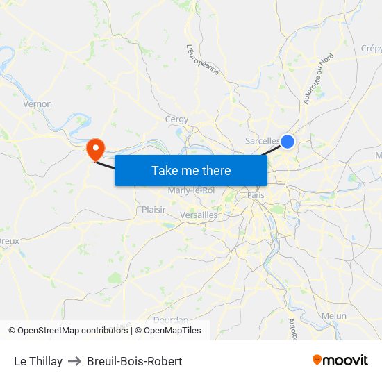 Le Thillay to Breuil-Bois-Robert map