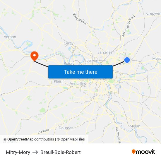 Mitry-Mory to Breuil-Bois-Robert map
