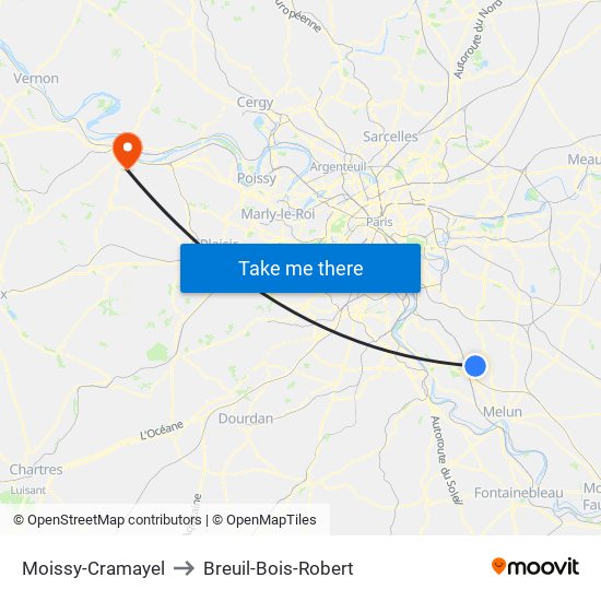 Moissy-Cramayel to Breuil-Bois-Robert map